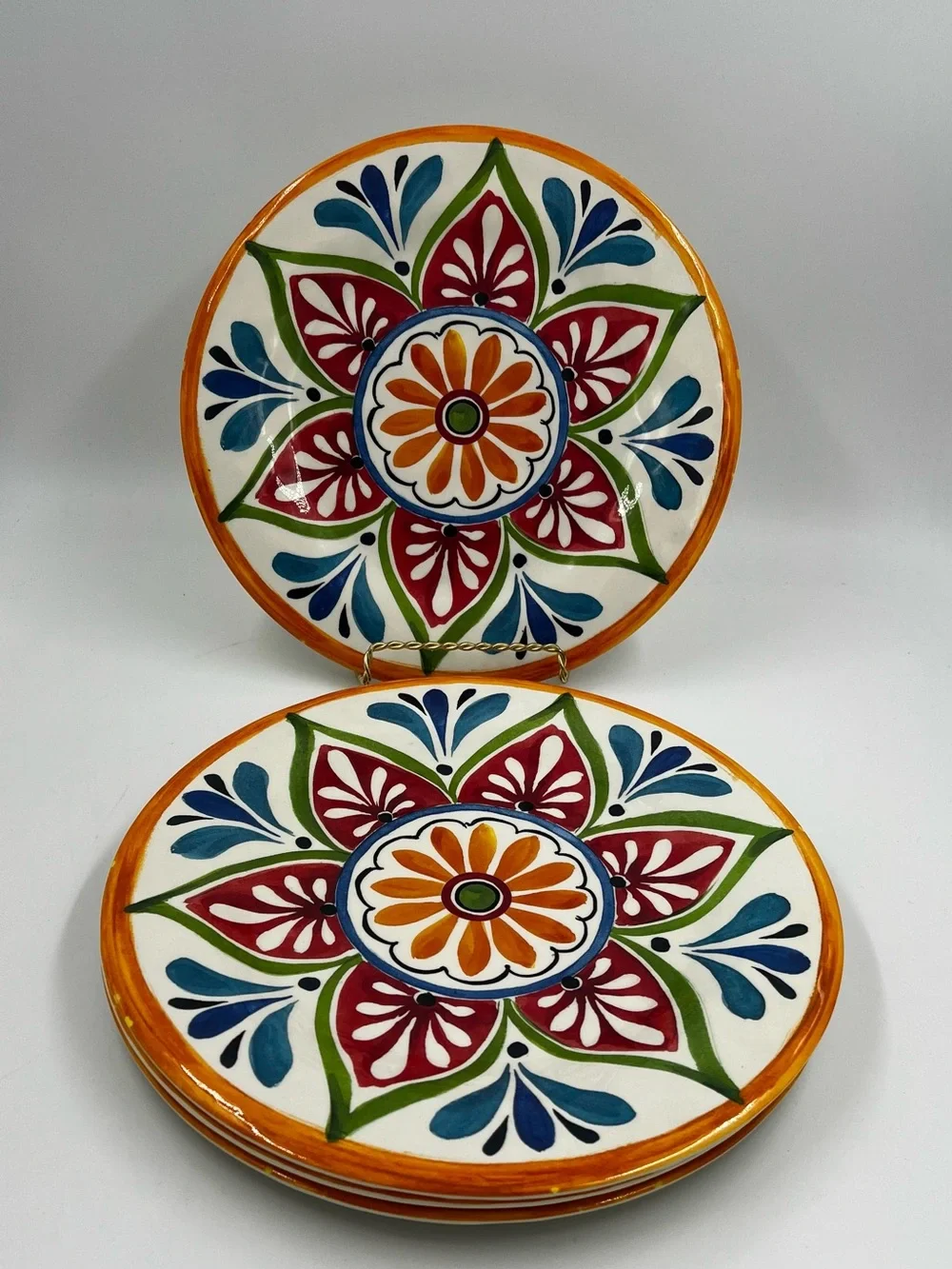 Bed Bath & Beyond Melamine 10.5” Dinner Plates Boho Tuscany Orange Set Of 4